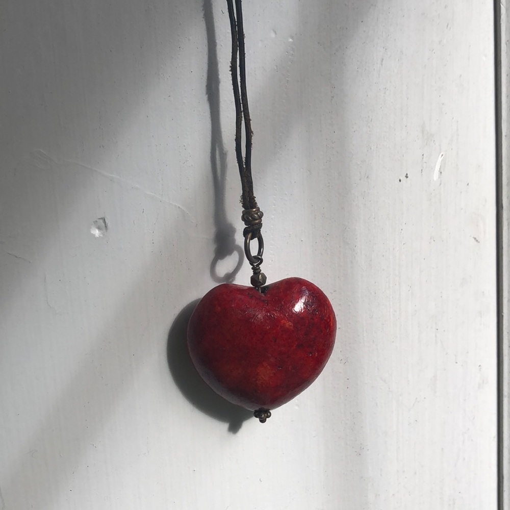 Red Coral Heart Leather Cord Necklace